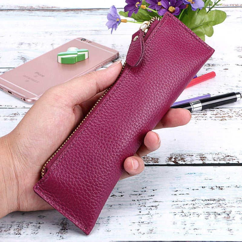BTSKY Genuine Leather Pencil Case - Zippered Pen Case Stationery Bag Zipper Pouch Pencil Holder (Purple) - Image 5
